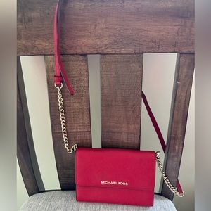 GUC Michael Kors Red Crossbody Bag w Gold Hardware & Chain 7x5